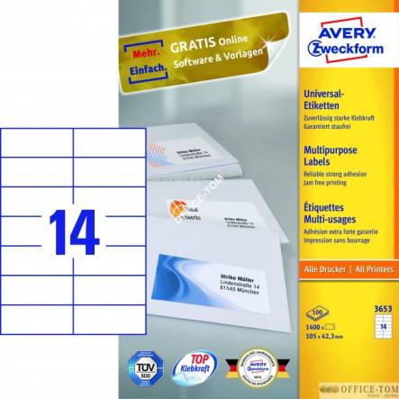 Trwałe Etykiety AVERY ZWECKFORM uniwersalne A4, 100 ark./op., 105 x 42,3 mm, białe
