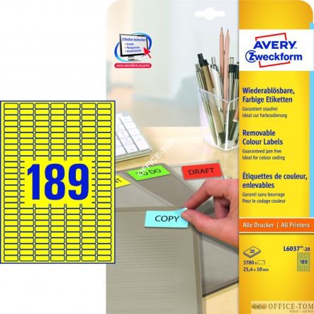 Etykiety AVERY ZWECKFORM usuwalne kolorowe A4, 20 ark./op., 25,4 x 10 mm, żółte