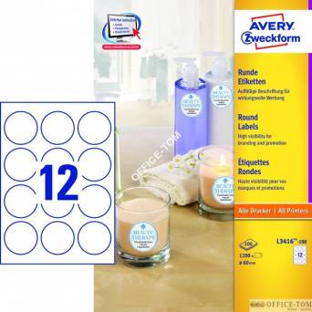 Etykiety AVERY ZWECKFORM o nietypowych kształtach A4, 100 ark./op., Ø60 mm, białe
