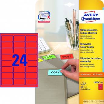 Etykiety AVERY ZWECKFORM usuwalne kolorowe A4, 20 ark./op., 63,5 x 33,9 mm, czerwone