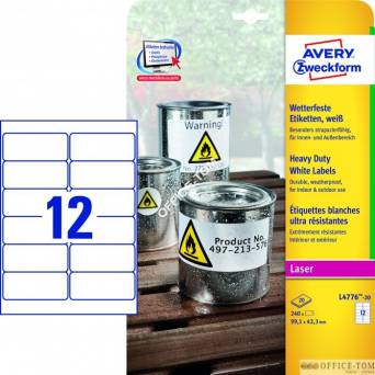 Etykiety AVERY ZWECKFORM Heavy Duty A4, 20 ark./op., 99,1 x 42,3 mm, białe, poliestrowe