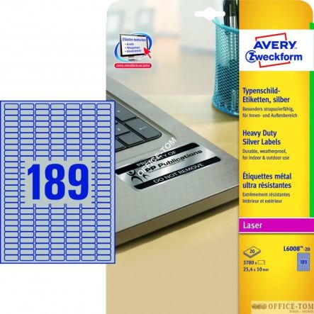 Etykiety AVERY ZWECKFORM znamionowe srebrne A4, 20 ark./op., 25,4 x 10 mm, srebrne, poliestrowe