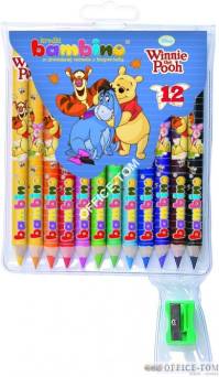 Kredki BAMBINO w opr.drew. 12 kol. z nadrukiem + temperówka DISNEY KUBUŚ  St.Majewski