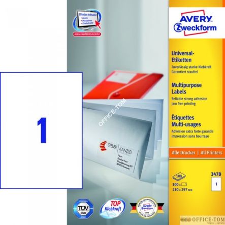 Trwałe Etykiety AVERY ZWECKFORM uniwersalne A4, 100 ark./op., 210 x 297 mm, białe