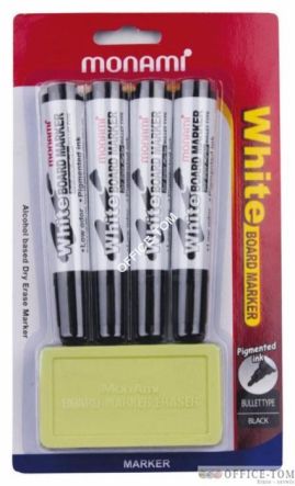 Marker MONAMI WHITE BOARD okrągła końcówka+gąbka, 4 szt. czarny/1