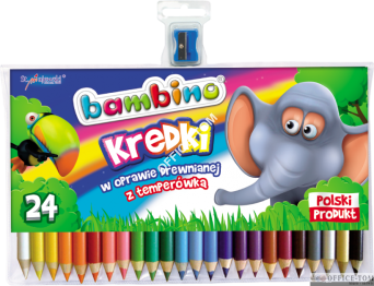 Kredki BAMBINO trójkątne w oprawie drewnianej, 24 kolorów + temperówka