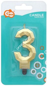 Świeczka cyferka '3', Diament, metalik złoty, GoDan