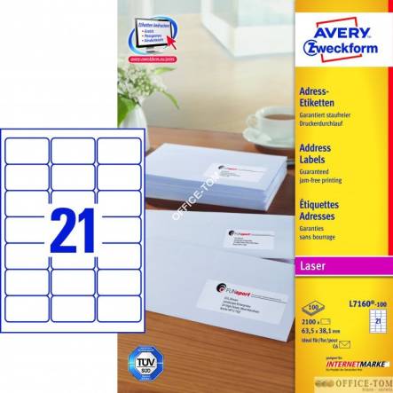Etykiety AVERY ZWECKFORM adresowe białe A4, 100 ark./op., 63,5 x 38,1 mm, białe