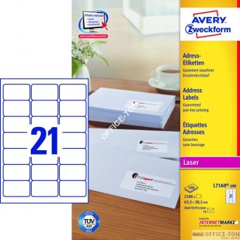 Etykiety AVERY ZWECKFORM adresowe białe A4, 100 ark./op., 63,5 x 38,1 mm, białe