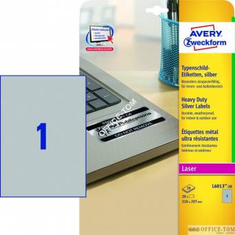 Etykiety AVERY ZWECKFORM znamionowe srebrne A4, 20 ark./op., 210 x 297 mm, srebrne, poliestrowe
