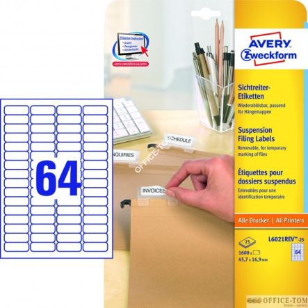 Etykiety AVERY ZWECKFORM na segegatory podwieszane A4, 25 ark.,/op., 45,7 x 16,9 mm, białe, usuwalne