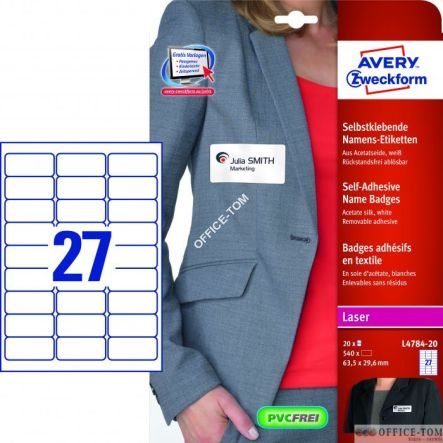 Samoprzylepne identyfikatory do zadruku AVERY ZWECKFORM A4, 20 ark./op., 63,5 x 29,6 mm, białe, sztuczny jedwab