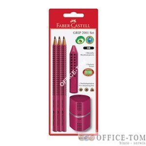 Zestaw GRIP 2001 malinowy 3X Ołówek/Gumka/Temperówka na blistrze FABER-CASTELL
