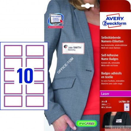 Samoprzylepne identyfikatory do zadruku AVERY ZWECKFORM A4, 20 ark./op., 80 x 50 mm, czerwona ramka, sztuczny jedwab