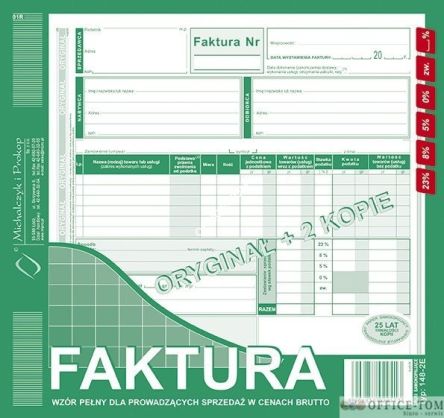Faktura wzór pełny dla prowadzących sprzedaż w cenach brutto 2/3 A4 (o+2k) Michalczyk i Prokop