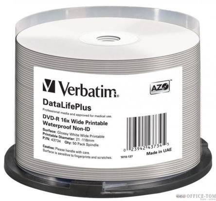 Płyta VERBATIM DVD-R  cake 50  4.7GB  16x  do nadruku wide glossy