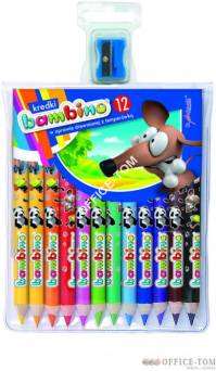 Kredki BAMBINO w oprawie drewnianej 12 kolorów dł. 15 cm z nadrukiem + temperówka ST.MAJEWSKI