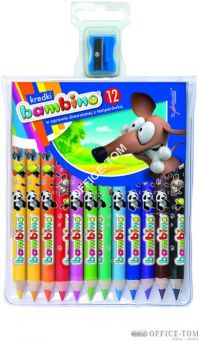 Kredki BAMBINO w oprawie drewnianej 12 kolorów dł. 15 cm z nadrukiem + temperówka ST.MAJEWSKI