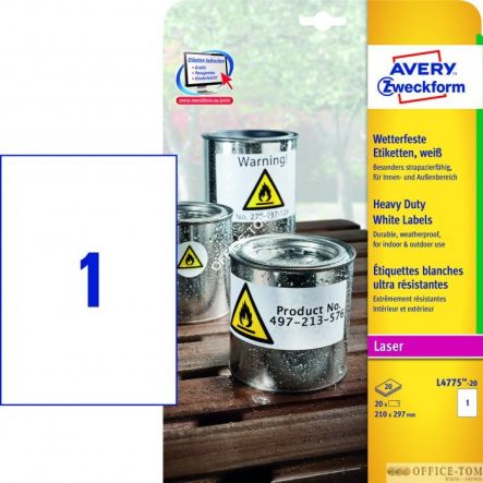 Etykiety AVERY ZWECKFORM Heavy Duty A4, 20 ark./op., 210 x 297 mm, białe, poliestrowe