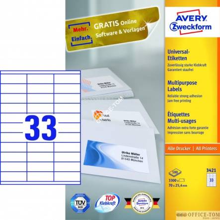 Trwałe Etykiety AVERY ZWECKFORM uniwersalne A4, 100 ark./op., 70 x 25,4 mm, białe