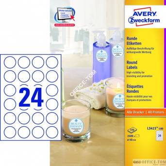 Etykiety AVERY ZWECKFORM o nietypowych kształtach A4, 100 ark./op., Ø40 mm, białe