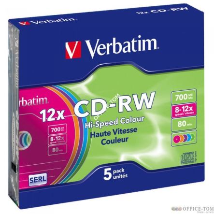 Płyta VERBATIM CD-RW  slim jewel case  700MB  12x  Colour