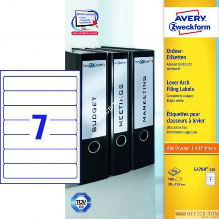 Etykiety AVERY ZWECKFORM na segregatory A4, 100 ark./op., 192 x 38 mm, białe