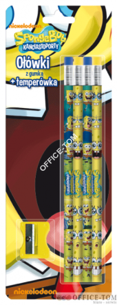 Ołówki grafitowe z gumką z nadrukiem 4 szt.+ temperówka(blister) SPONGE BOB ST.MAJEWSKI