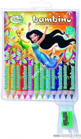 Kredki BAMBINO w opr.drew. 12 kol. z nadrukiem + temperówka  WRÓŻKI  DISNEY St.Majewski