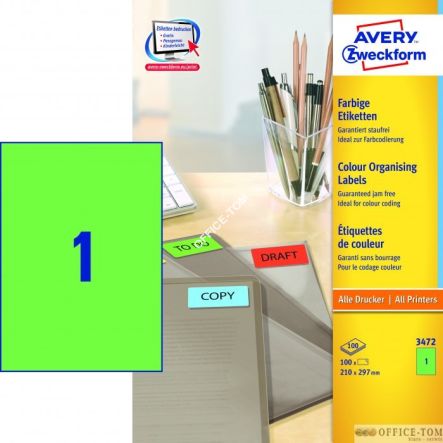 Etykiety AVERY ZWECKFORM trwałe kolorowe A4, 100 ark./op., 210 x 297 mm, zielone