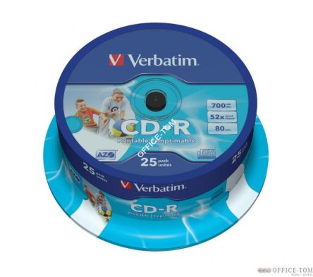 Płyta VERBATIM CD-R  cake box 25  700MB  52x  do nadruku Wide  DataLife+ AZO