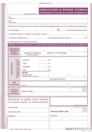 Oświadczenie w sprawie używania prywatnego pojazdu do celów służbowych MICHALCZYK I PROKOP A5 40 kartek