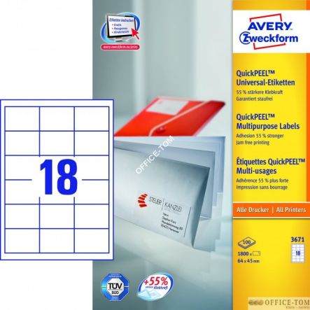 Trwałe Etykiety AVERY ZWECKFORM uniwersalne A4, 100 ark./op., 64 x 45 mm, białe