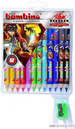 Kredki BAMBINO w opr.drew. 12 kol. z nadrukiem + temperówka BAKUGAN St.Majewski
