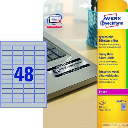 Etykiety AVERY ZWECKFORM znamionowe srebrne A4, 20 ark./op., 45,7 x 21,2 mm, srebrne, poliestrowe