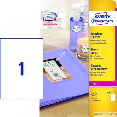 Etykiety AVERY ZWECKFORM błyszczące A4, 40 ark./op., 210 x 297 mm, białe błyszczące
