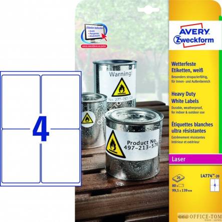 Etykiety AVERY ZWECKFORM Heavy Duty A4, 20 ark./op., 99,1 x 139 mm, białe, poliestrowe