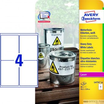 Etykiety AVERY ZWECKFORM Heavy Duty A4, 20 ark./op., 99,1 x 139 mm, białe, poliestrowe