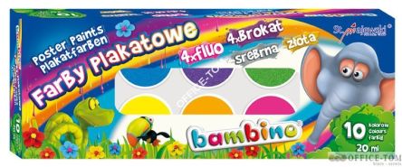Farby plakatowe BAMBINO 10 kol. 20ml. (4 x fluo, 4 x brokat, złota, srebrna)