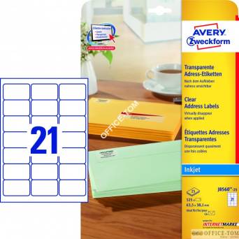 Etykiety AVERY ZWECKFORM adresowe przezroczyste A4, 25 ark./op., 63,5 x 38,1 mm, przezroczyste