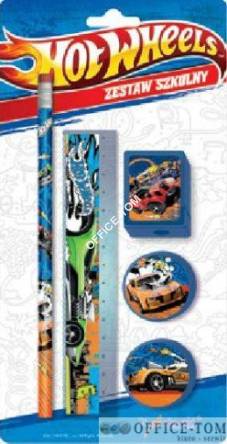 Zestaw szkolny 5 elementów 2 gumki, temperówka, linijka, ołówek- blister HOT WHEELS  ST.MAJEWSKI