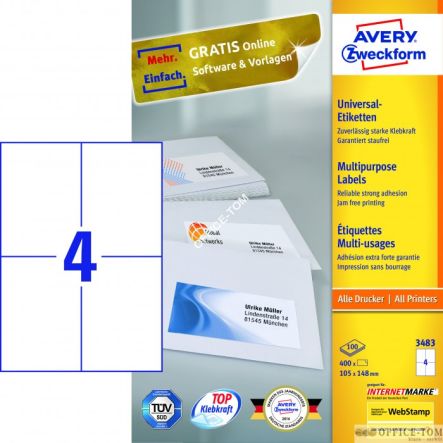 Trwałe Etykiety AVERY ZWECKFORM uniwersalne A4, 100 ark./op., 105 x 148 mm, białe