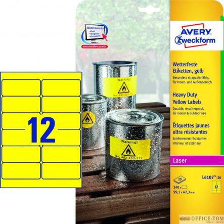 Etykiety AVERY ZWECKFORM Heavy Duty A4, 20 ark./op., 99,1 x 42,3 mm, żółte, poliestrowe