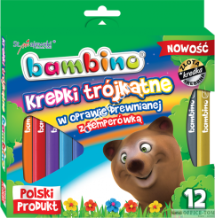 Kredki BAMBINO trójkątne w oprawie drewnianej, 12 kolorów, temperówka