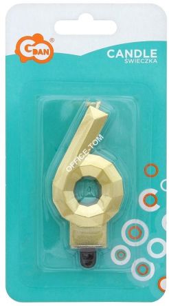 Świeczka cyferka 6 - Diament, metalik złoty, 7.6 cm, GoDan
