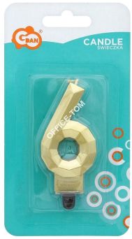 Świeczka cyferka 6 - Diament, metalik złoty, 7.6 cm, GoDan