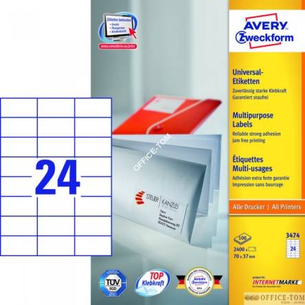 Trwałe Etykiety AVERY ZWECKFORM uniwersalne A4, 100 ark./op., 70 x 37 mm, białe