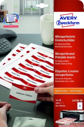 Identyfikatory z mikroperforacją A4, 20 ark./op., 60 x 90 mm, białe, 160szt., mikroperforowane Avery Zweckform