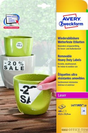 Usuwalne etykiety Heavy Duty Avery Zweckform A4 L4773REV-20 63.5x33.9 białe, poliestrowe