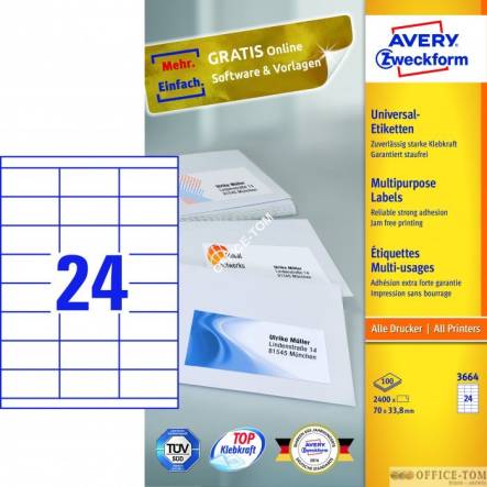 Trwałe Etykiety AVERY ZWECKFORM uniwersalne A4, 100 ark./op., 70 x 33,8 mm, białe